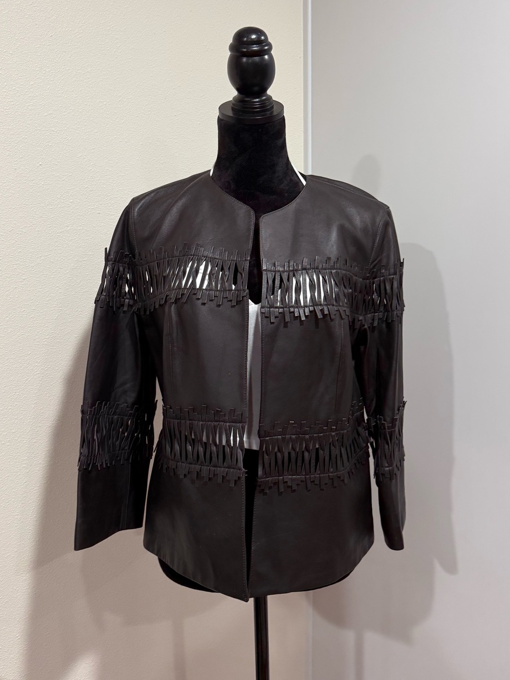 Lafayette 148 New York Dark brown Leather Jacket with unique Fringe detail NWT12